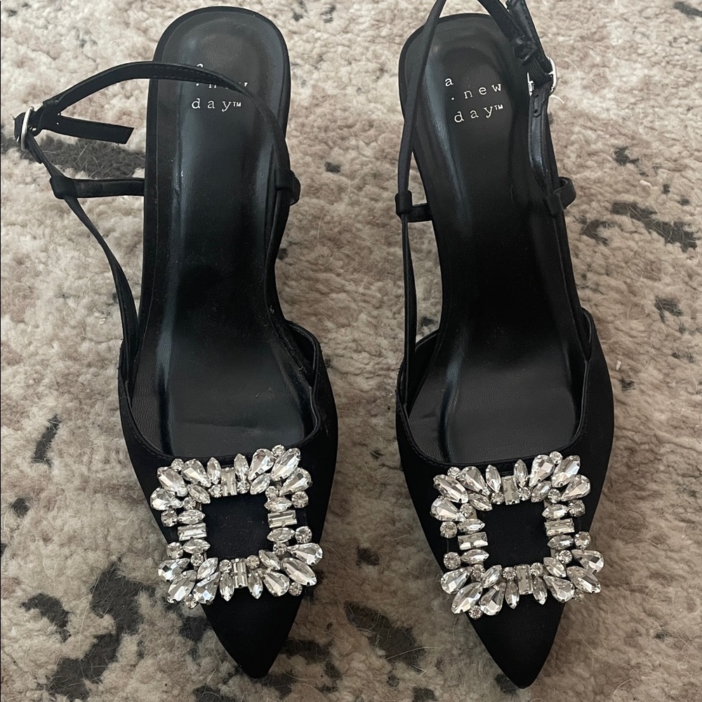 A New Day Black Heels with Crystal Embellishments